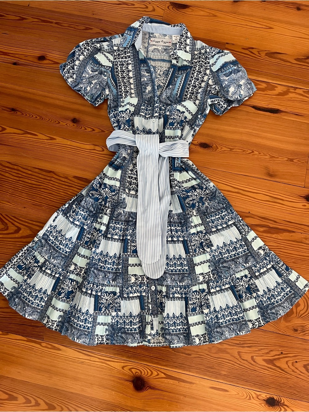 dizzy Lizzie Blue Patterned Button Down Midi Dress with Striped Tie Belt